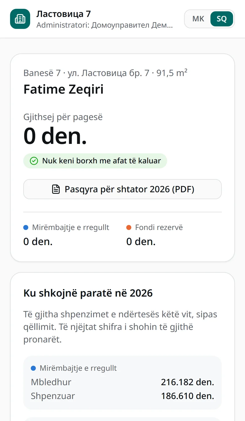 Pamja e pronarit në telefon: gjithsej për pagesë, pa borxh me afat të kaluar, pasqyra e muajit në PDF dhe saldo sipas fondit.